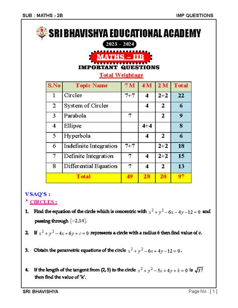 Maths 2B - agdxfrhbdf - Total Weightage S Topic Name 7 M 4 M 2 M Total ...