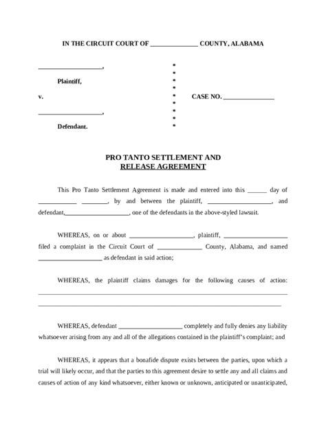Pro Tanto Settlement and Release Agreement Doc Template | pdfFiller