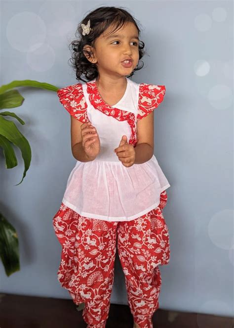 Cotton Girls Kurti Top with Printed Dhoti | Red & White – Tura Turi