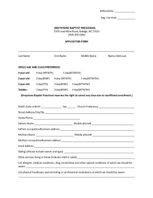 Fillable Online Greystone Baptist Church Preschool 7509 Lead Mine Rd ...