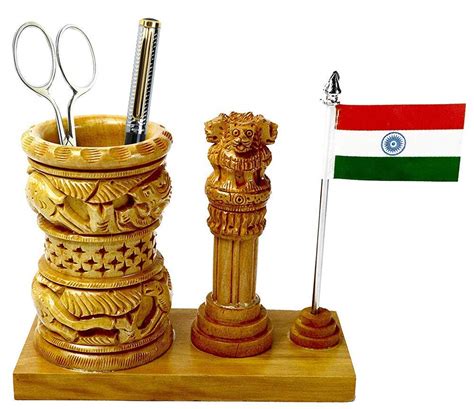 Murli Handicrafts Wooden Jali Pen Stand with Ashoka Stamb and National ...