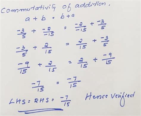 Verify commutativity of addition of rational numbers for the rational ...