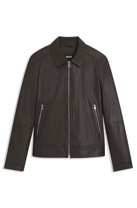 BOSS - Regular-fit leather jacket with zip closure - Dark Brown