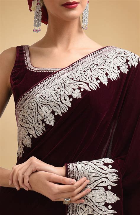 Plum Kashmiri Silver Tilla Aari Embroidered Velvet Saree – Talking Threads