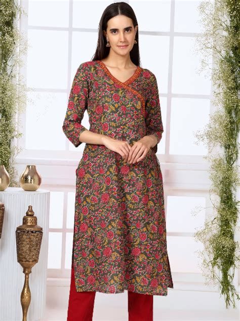 Green Floral Print Angrakha Kurta with Neck Embroidery – Saffron Threads