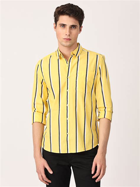 Crosscreek Men Yellow Slim Fit Striped Cotton Casual Shirt - Crosscreek