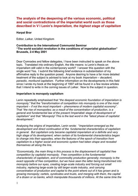 V I Lenin’s Imperialism, the highest stage of capitalism, today | PDF