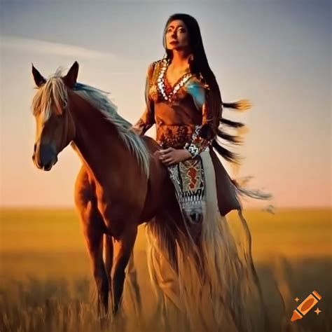 Native american woman riding a horse on the plains