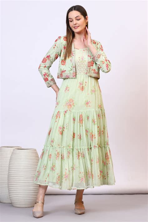 Buy Green Floral Printed Tiered Spaghetti Dress and Short Jacket Set ...
