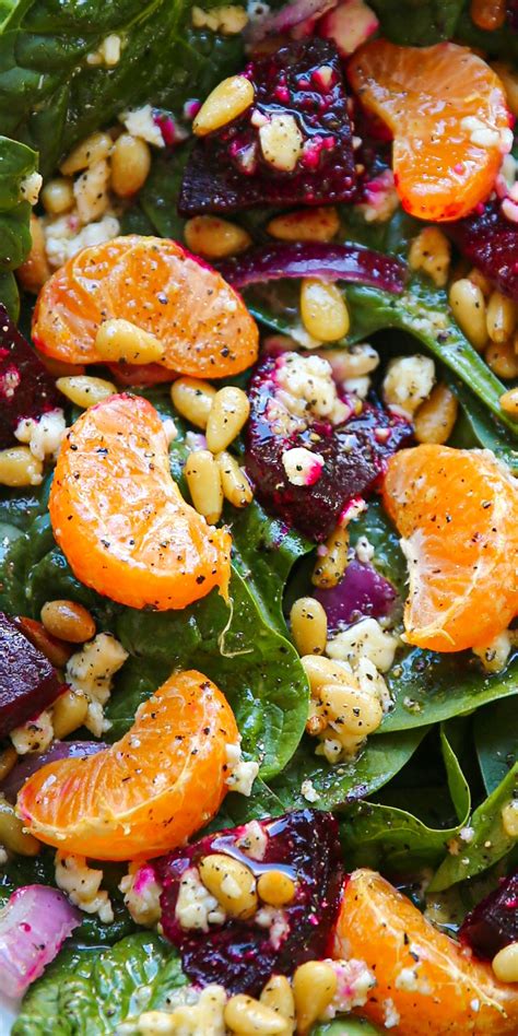 Simple Beet Salad with Spinach, Mandarins, Pine Nuts, and Feta Cheese ...