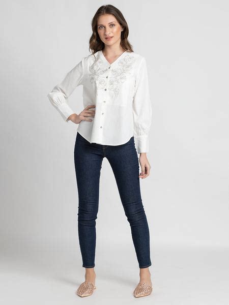 Buy White Embroidered V-Neck Long Sleeves Cotton Shirt – Shaye India