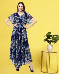 MISS AYSE Women Fit and Flare Dark Blue Maxi/Full Length Dress - Buy ...