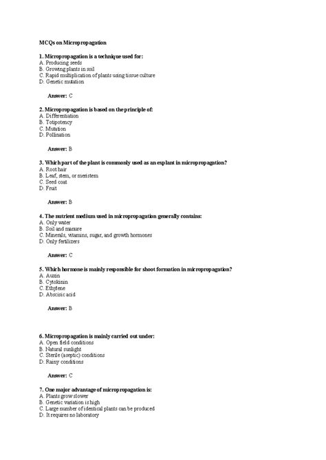 Plant Biotech MCQs: Micropropagation, Cryopreservation & More - Studocu