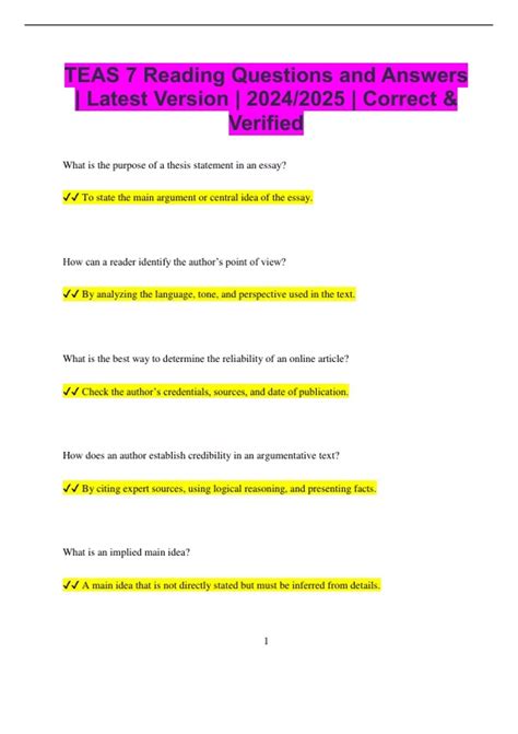 TEAS 7 Reading Questions and Answers | Latest Version | 2024/2025 ...