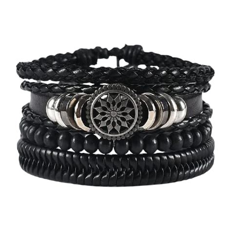 Buy Vientiq Men's Oxidised Silver Wheel Leather Black Beads Bracelet at ...