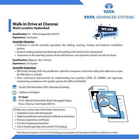 Tata Advanced Systems Walk-In Drive: Assembly Operator & Supervisor ...
