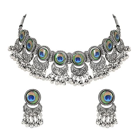 I Jewels Navratri Oxidised Silver Plated Choker Necklace Jewellery Set ...