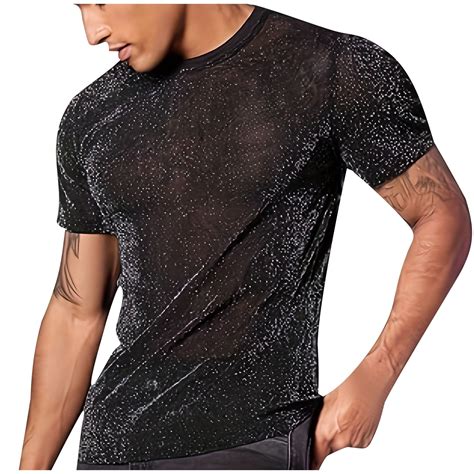 Kaemgyyd Mens Mesh Shirt Sequin Sparkle See Through Short Sleeve Muscle ...