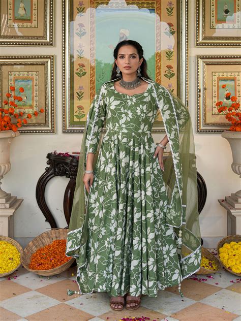 Alluring Green Floral Printed Anakali Suit Set with Dupatta – Indianvirasat