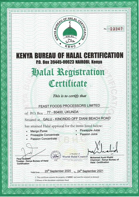 Certifications – Feast Foods Processors Limited