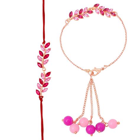 Mahi Light and Dark Pink Leafe Shape Crystals Rakhi Combo for Bhaiya a ...