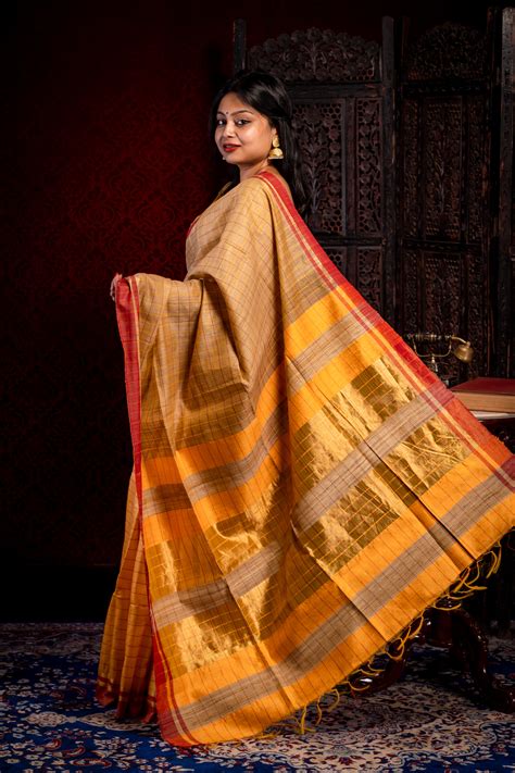 Handwoven yellow Tussar saree