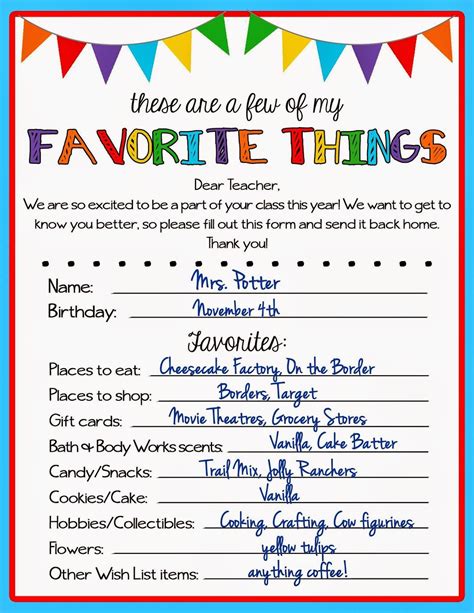 Questionnaire Favorite Things List Printable