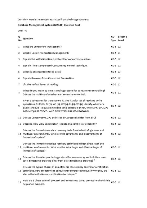 DBMS (BCSS01) Important Questions - Unit 5 Concurrency Control - Studocu