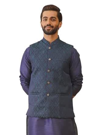 Buy Jompers Men's Teal Woven Design Nehru Jacket (Teal, S) at Amazon.in
