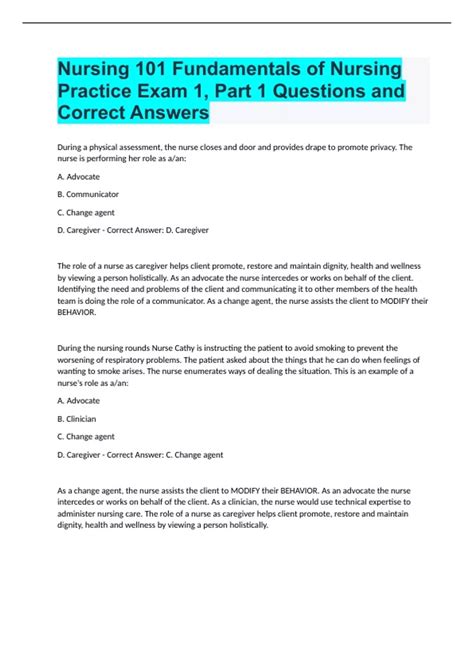 Nursing 101 Fundamentals of Nursing Practice Exam 1, Part 1 Questions ...