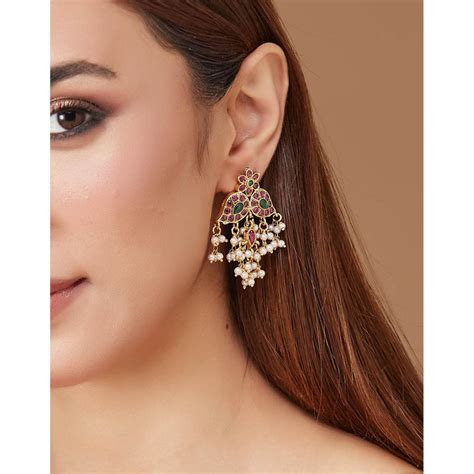 Buy Fabindia Women Multi-Color Stone Pearl Metal Drop Earrings Online