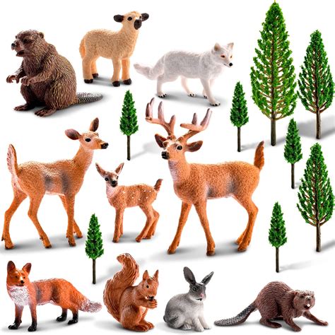 Buy 18 Pcs Forest Animals Figurines Woodland Animals Toys Model Trees ...