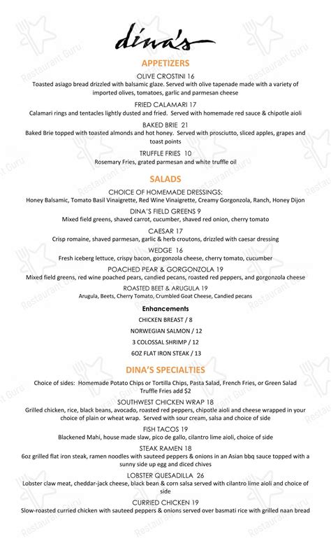 Menu at Dina's restaurant, Ellicottville