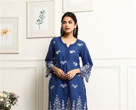 Blue Embroidered Cotton Kurta with Pants- Set of 2