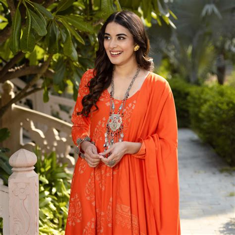 Buy Orange Flared Kurta Dupatta Pant Set with Pompom Details | Rustorange