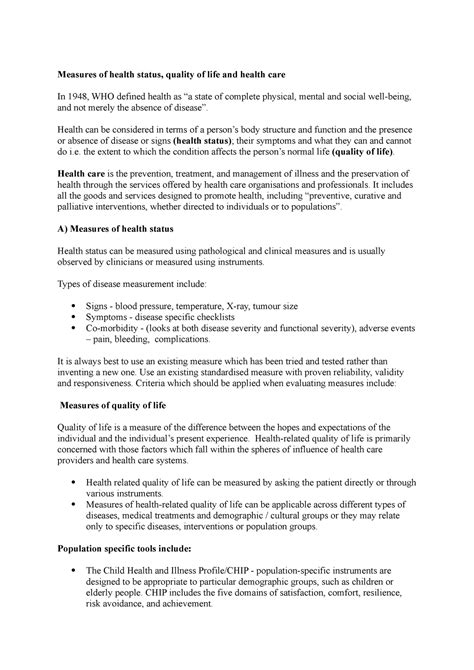 Measure of Health Status - Measures of health status, quality of life and health care In 1948 ... - measurement of health status