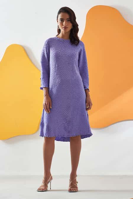 Buy Purple Polyester Solid Round Lyn Crushed Textured Midi Dress For ...