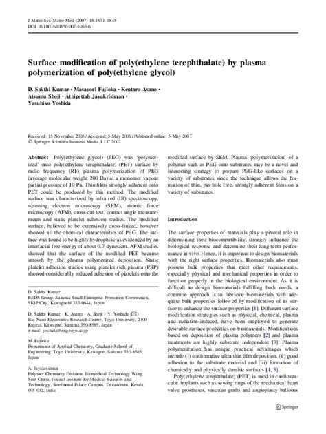 (PDF) Surface modification of poly(ethylene terephthalate) by plasma ...