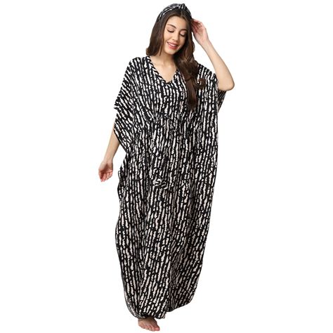 Buy Claura Black Printed Maxi Nightdress for Women Kaftan Nighty Rayon ...