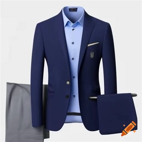 Men's suit featuring navy blue blazer, light sky blue shirt, and grey ...