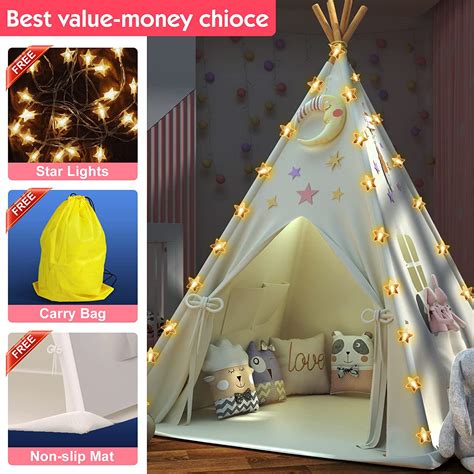 Buy Kids Teepee Tent with Padded Mat & Light String, Washable Foldable ...