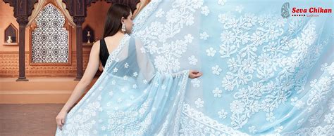 Buy Seva Chikan Hand Embroidered Lucknowi Chikankari Blue Georgette ...