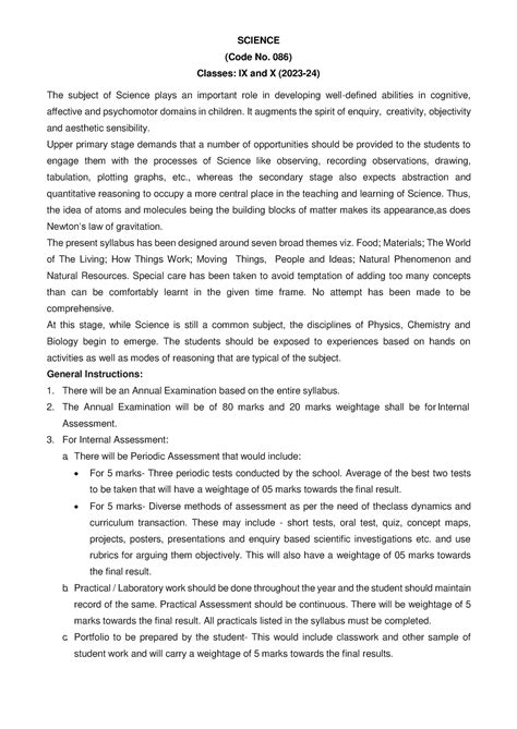 Science Sec 2023-24 - SCIENCE (Code No. 086) Classes: IX and X (2023-24 ...