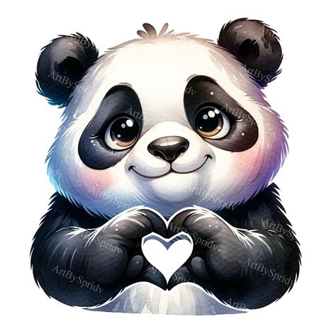 Watercolor Panda Heart Clipart Cartoon Panda Digital PNG for DTG, T ...