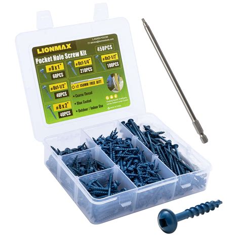 LIONMAX Pocket Hole Screws Assortment Kit, 450 PCS in 5 Sizes, 8 x 1 ...