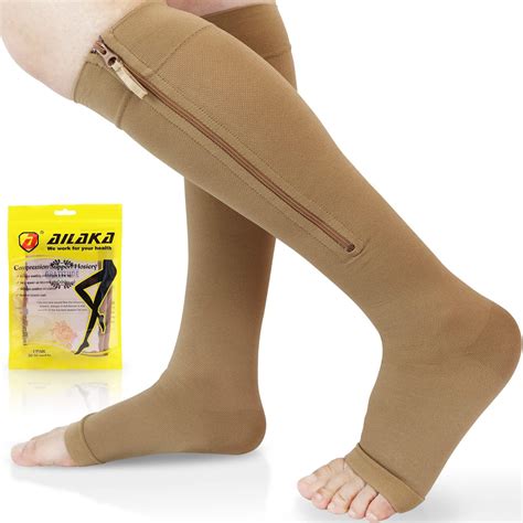 Ailaka Zipper 20-30 mmHg Compression Socks for Women & Men, Knee High Open Toe | Compression ...