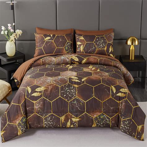 Amazon.com: ANGIYUIN Brown Gold Comforter Sets King Size, Geometric ...