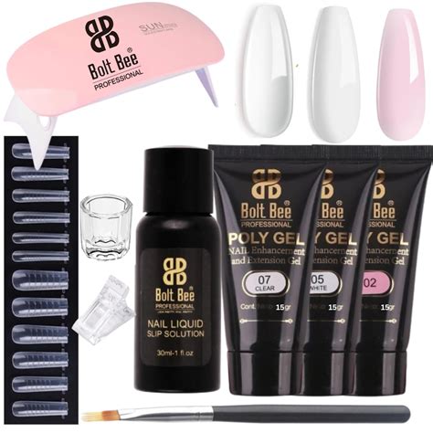 Bolt Bee Poly Extension Gel Nail Kit, Clear White Pink Builder Nail Gel ...