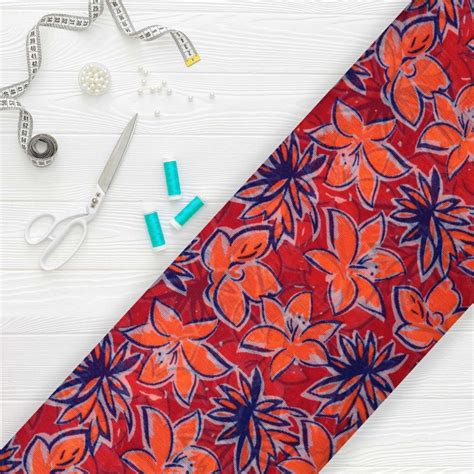 Light Orange And Blue Floral Pattern Screen Print Chiffon Fabric ...