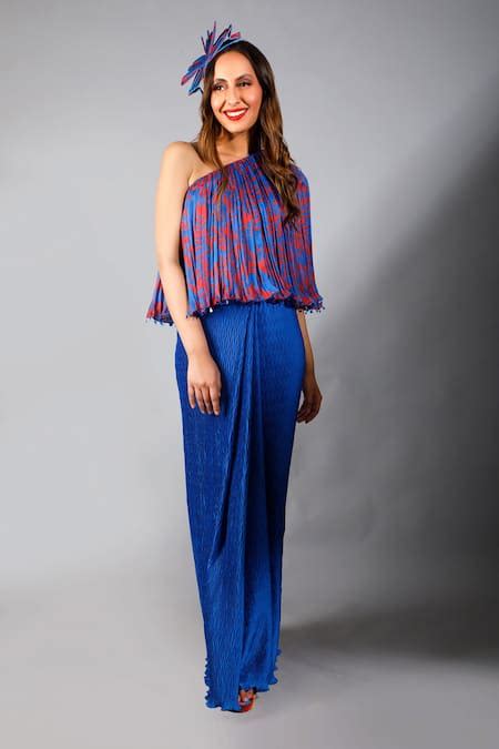 Buy Blue Pleated Silk Embroidery One Shoulder Top And Draped Skirt Set ...